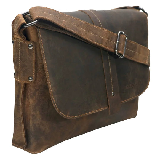 Brown cow shoulder bag with distressed leather, tan stitching, wide strap for 13.3 laptop