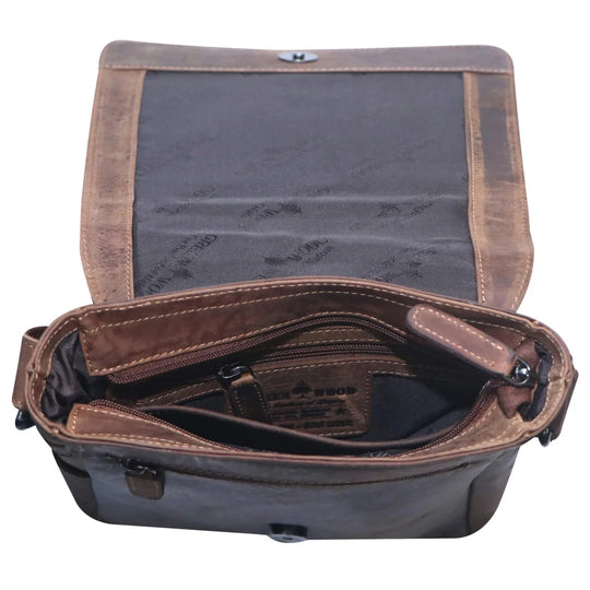Lee small leather shoulder bag in brown with gray interior and stitching