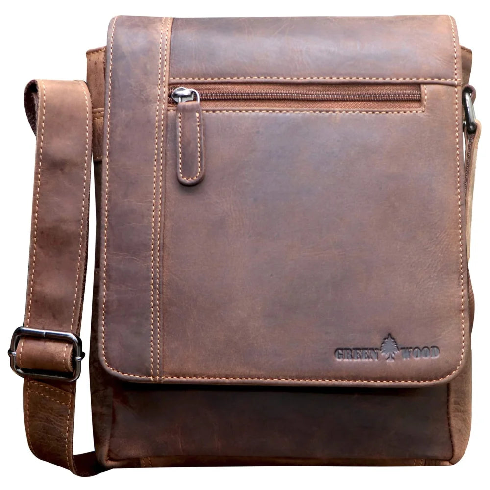 Lee small leather shoulder bag with brown leather, front zipper pocket, adjustable strap