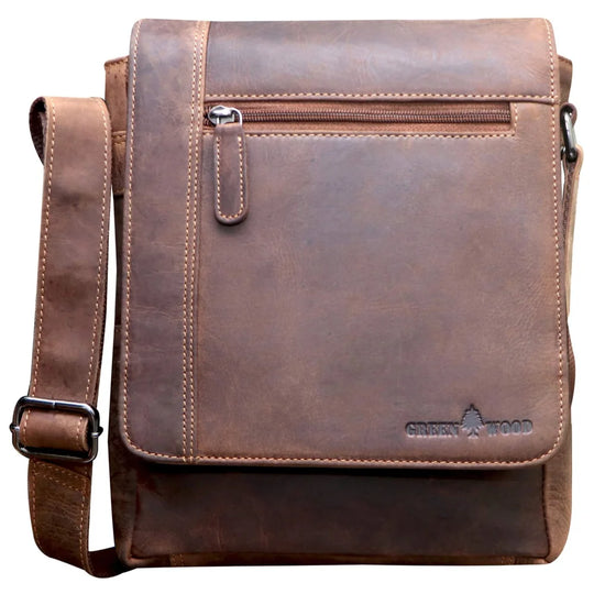 Lee small leather shoulder bag with brown leather, front zipper pocket, adjustable strap