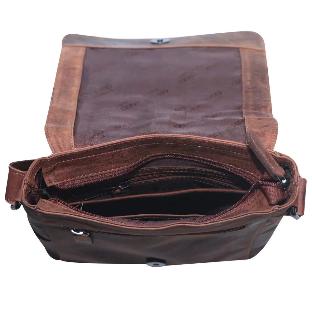 Lee small leather shoulder bag in brown with flap and stitching