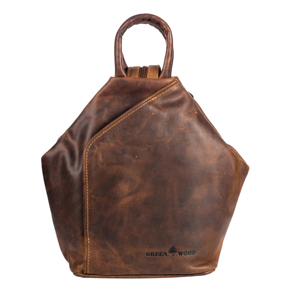 Brown leather shoulder bag Zoe GW006B with distressed finish, tan stitching