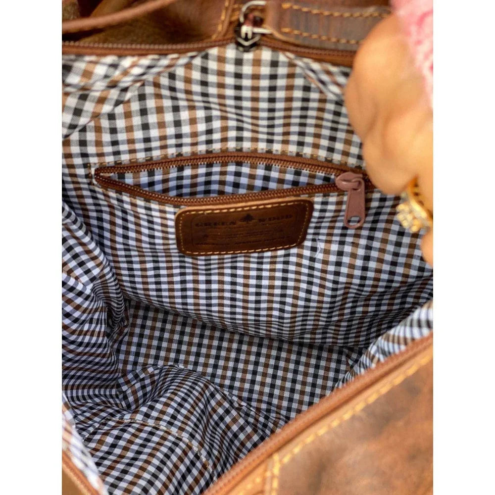 Brown leather shoulder bag Zoe GW006B with checkered lining