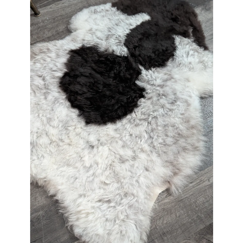 A large soft spotted icelandic sheepskin rug in white and black with curly wool and natural shape