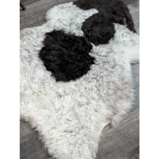A large soft spotted icelandic sheepskin rug in white and black with curly wool and natural shape