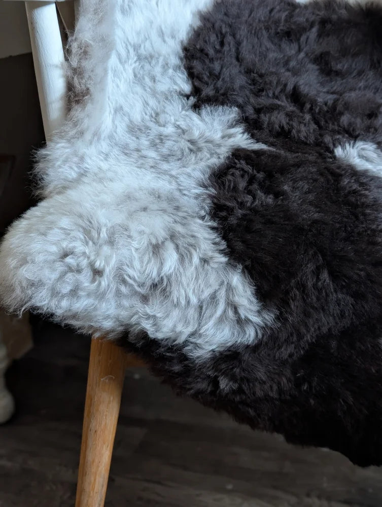 A plush two-toned soft spotted icelandic sheepskin rug in white and dark gray draped over a wooden chair leg