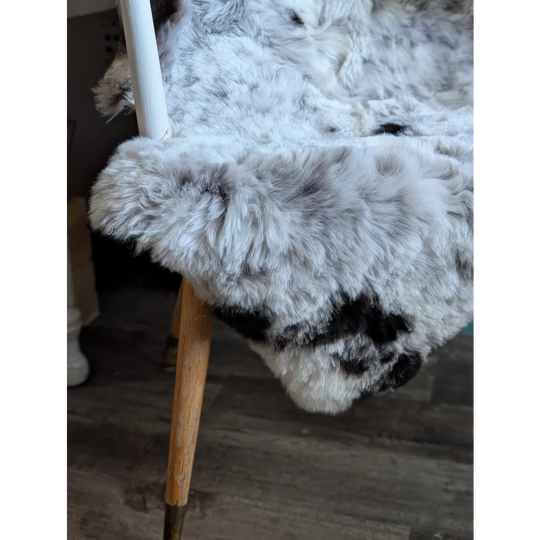 A plush large soft icelandic sheepskin rug with a white and black spotted pattern medium spotted icelandic style