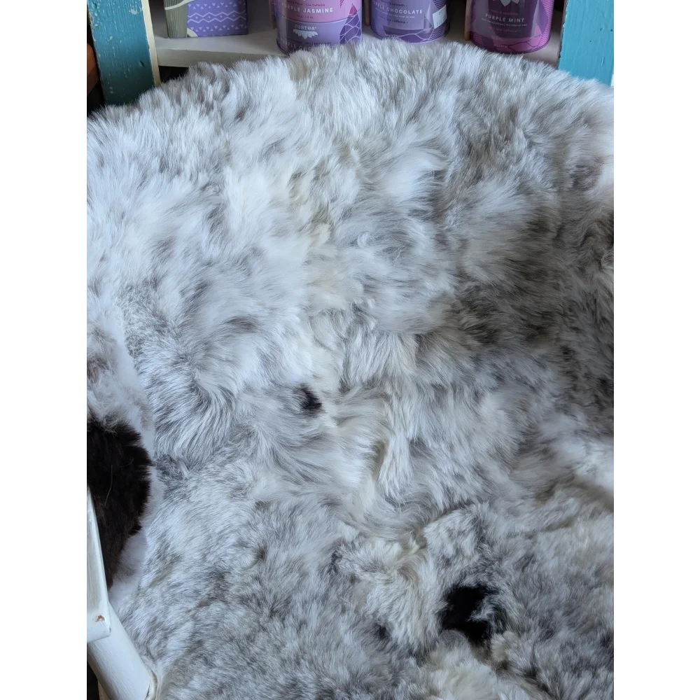 A plush large soft medium spotted icelandic sheepskin rug in gray and white with a fluffy textured surface