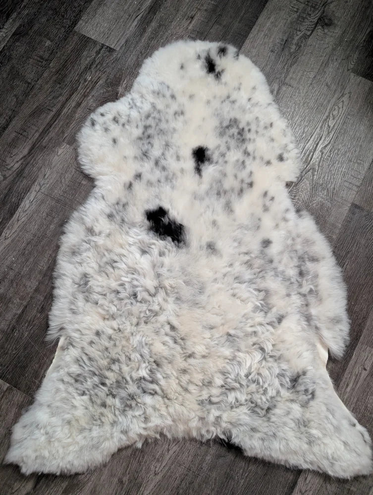 A plush spotted icelandic sheepskin rug with soft white wool and medium black patches perfect for cozy decor