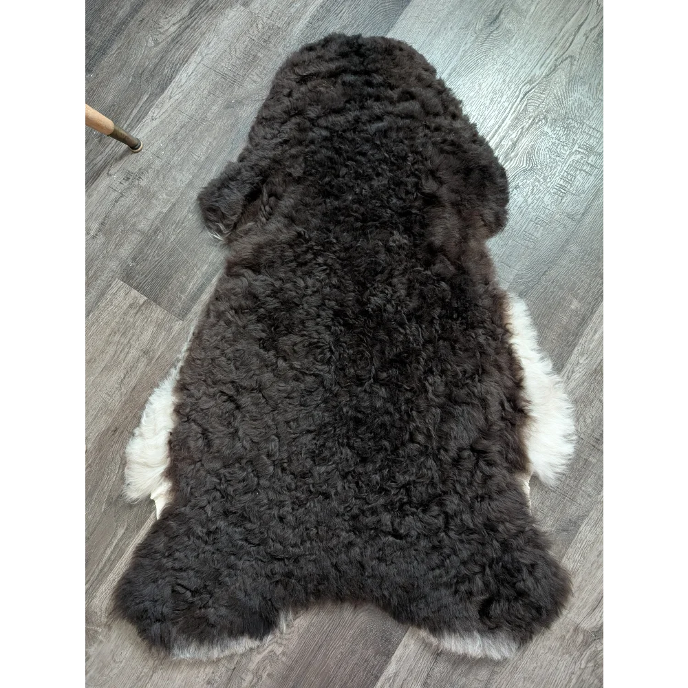 A plush dark gray and white large soft blacky icelandic sheepskin rug with a curly texture medium spotted icelandic