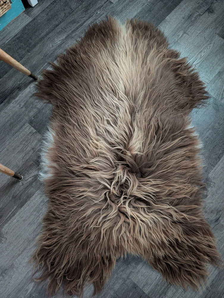 Luv43 59 x 33 massive icelandic sheepskin bronze rug with long wool icelandic texture in rich brown and creamy beige