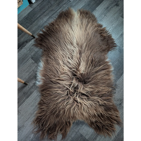 Luv43 59 x 33 massive icelandic sheepskin bronze rug with long wool icelandic texture in rich brown and creamy beige
