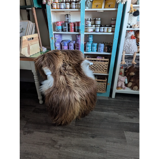 A plush brown and white icelandic sheepskin chair with cozy long wool icelandic faux fur surface in bronze color