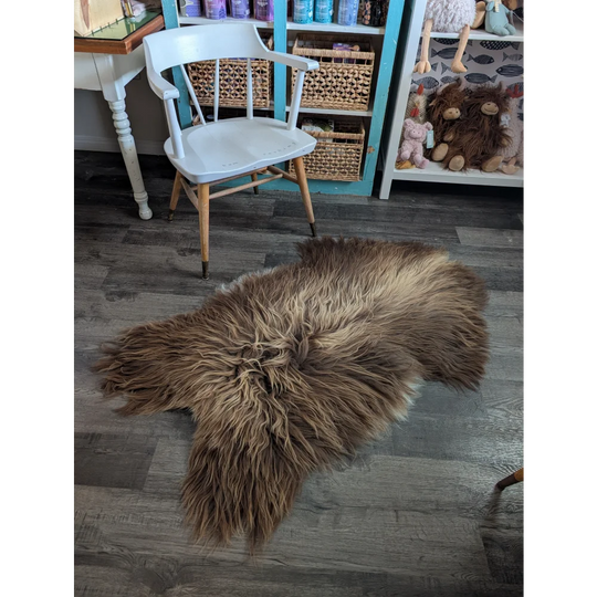A plush long wool icelandic sheepskin rug in bronze with natural texture measuring 59 by 33 inches