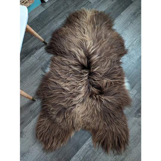 A plush bronze icelandic sheepskin rug 55 x 33 with long wool icelandic texture and natural brown shades