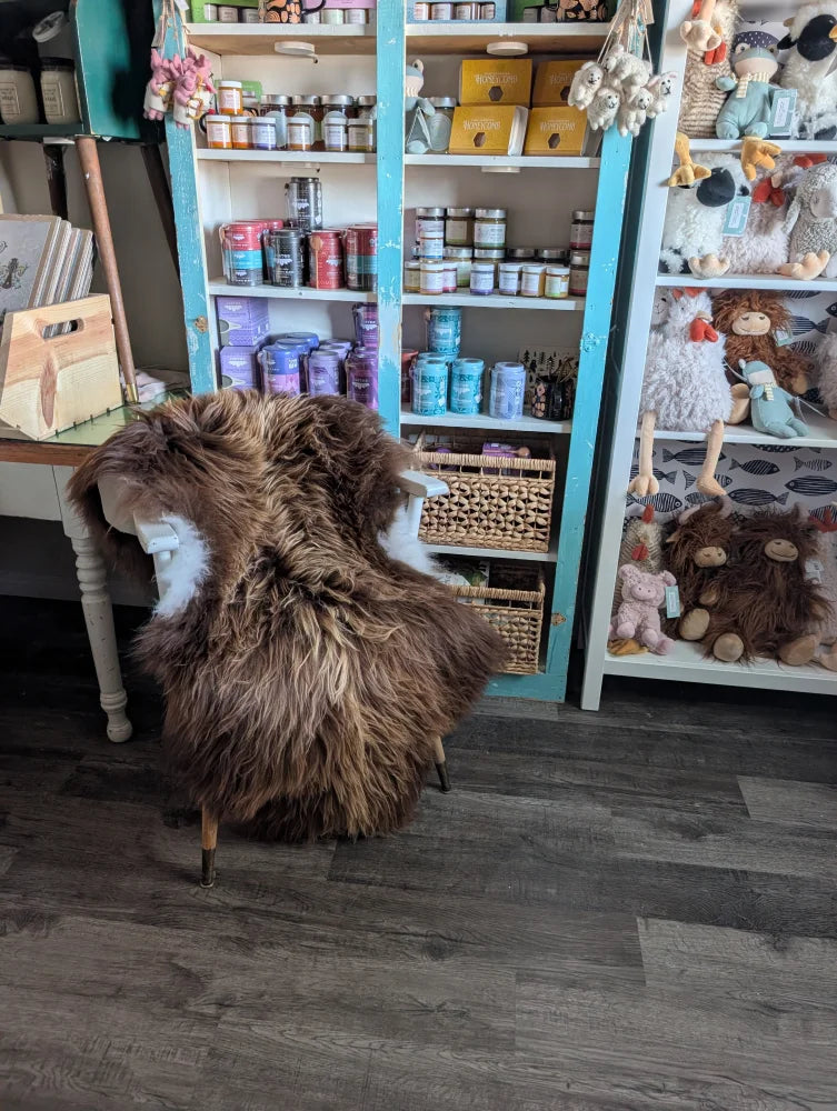 Brown fluffy luv44 icelandic sheepskin chair with white underbelly metal legs long wool icelandic bronze color