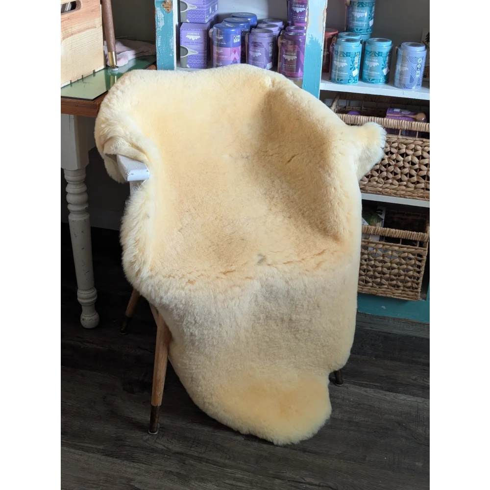 Cream-colored massive washable medical sheepskin draped over wooden chair frame by angus oliver