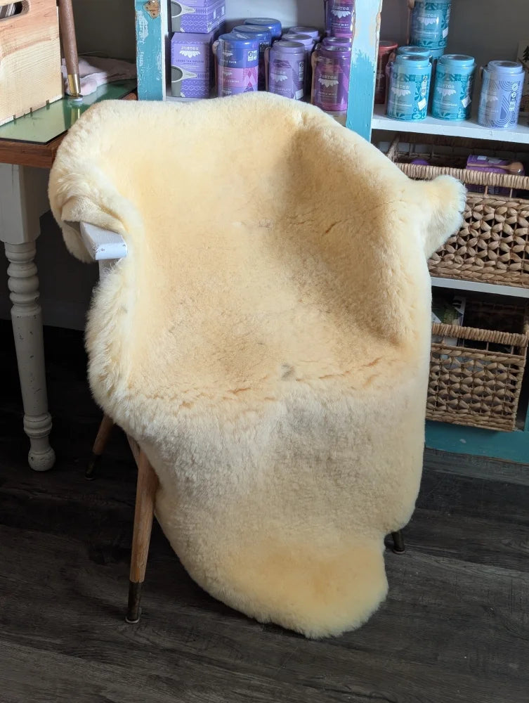Cream-colored massive washable medical sheepskin draped over wooden chair frame by angus oliver