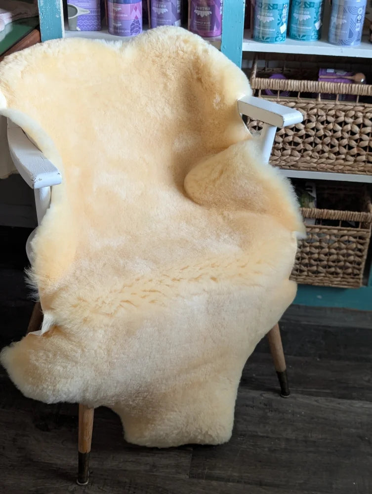 Cream-colored medical sheepskin rug draped over white wooden chair from angus oliver washable sheepskin rugs