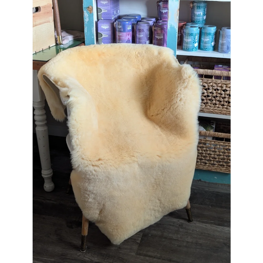 Cream-colored extra large washable medical sheepskin chair with soft fluffy texture and wooden legs by angus oliver