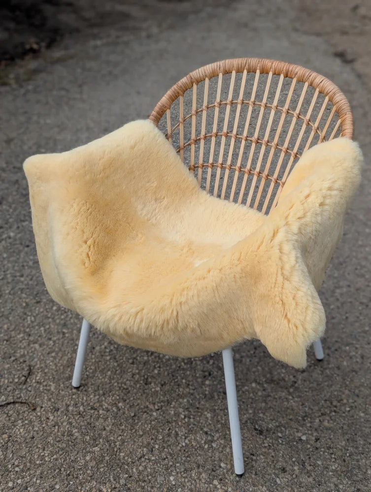 A cozy pale yellow extra large washable medical sheepskin throw draped over a modern rattan chair with white legs