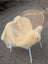 Cream-colored medical sheepskin draped over a wicker chair with white metal legs naturally spotted and washable