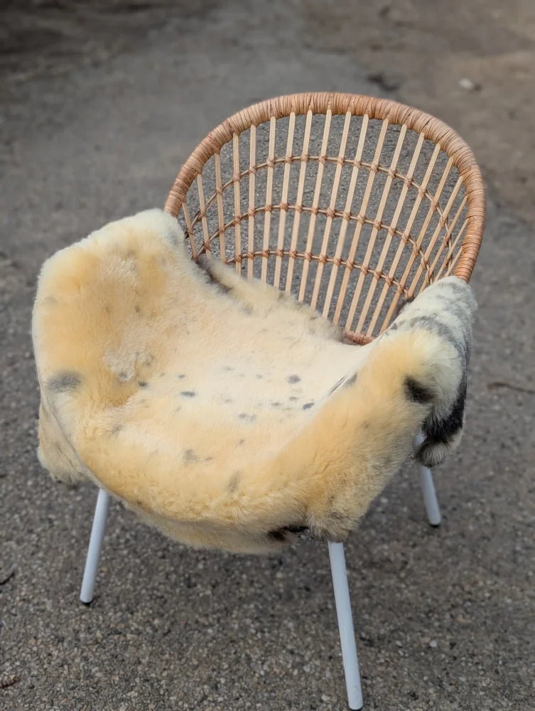 Woven wicker chair with white metal legs and large washable naturally spotted medical sheepskin cushion
