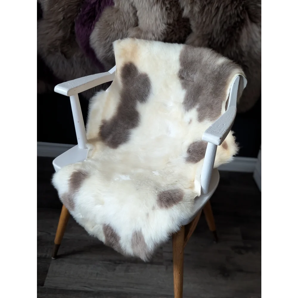 Angus Oliver M43 soft sheepskin cowhide chair with white brown spots on wooden legs