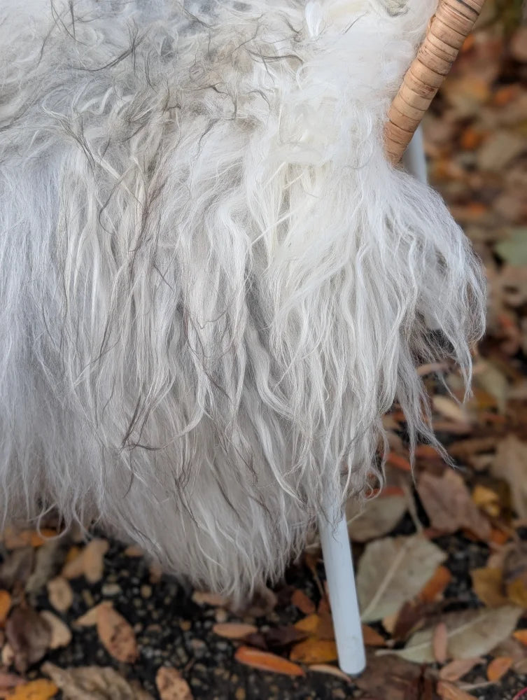 A fluffy white sheepskin-covered chair with a woven wooden backrest featuring long wool icelandic sheepskin upholstery