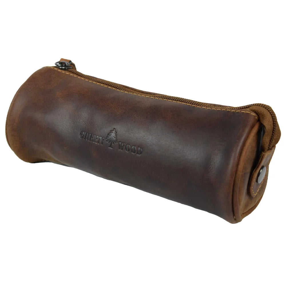 Mason leather pencil case with zip compartment and green wood logo