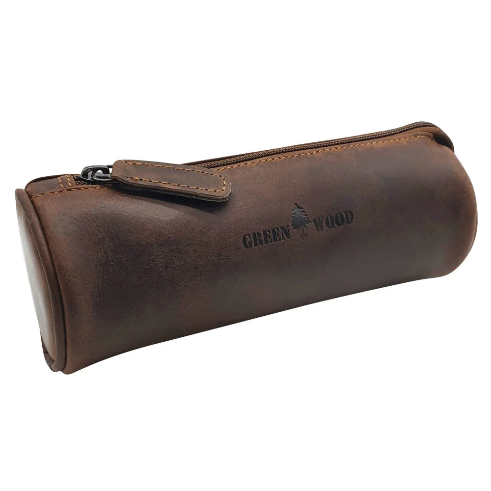 Mason leather pencil case with zip compartment and green wood branding
