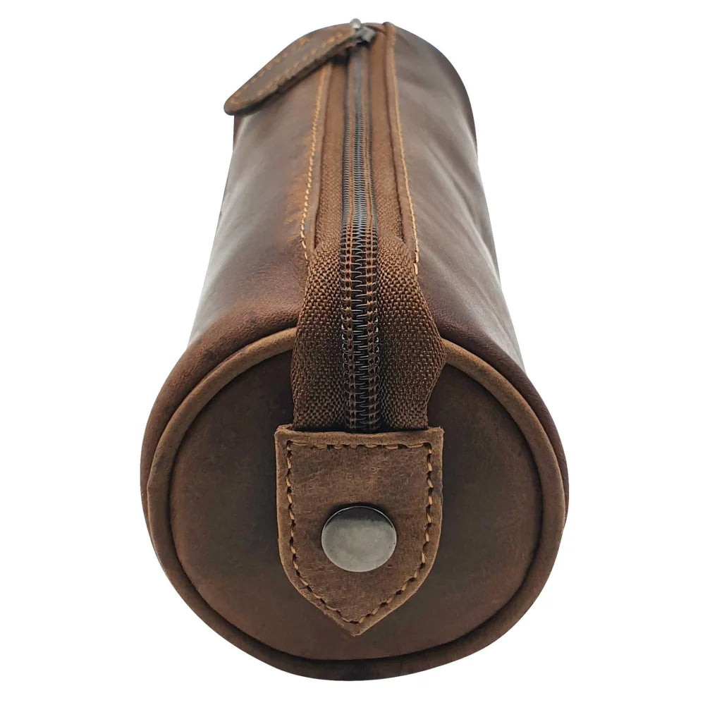 Mason leather pencil case with zip compartment, brown leather cylindrical design