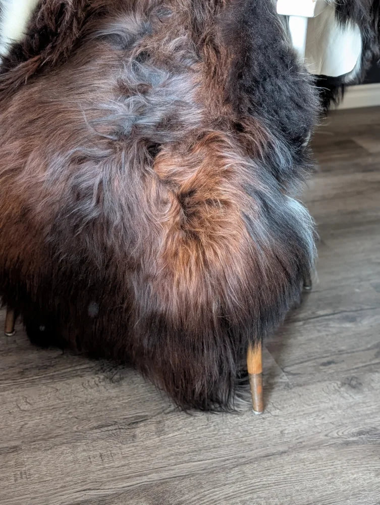 A plush multi-toned brown and black faux fur chair with wooden legs featuring long wool icelandic sheepskins