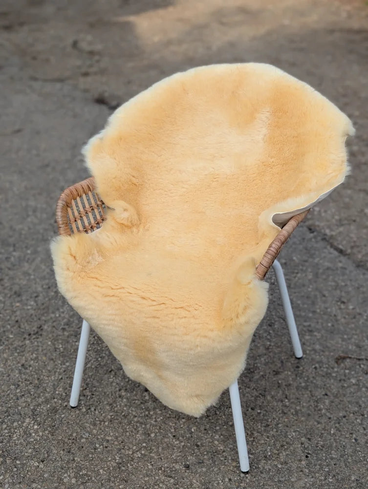 A soft pale yellow extra large washable medical sheepskin blanket draped over a wicker chair with white metal legs