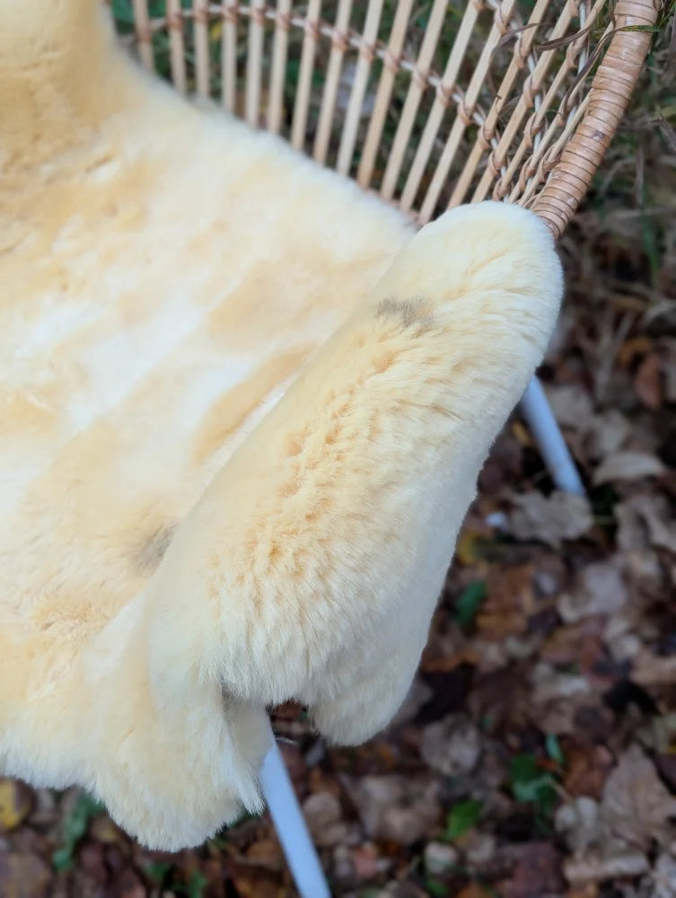 Cream-colored washable medical sheepskin chair cover with soft fluffy texture and naturally spotted fur pattern