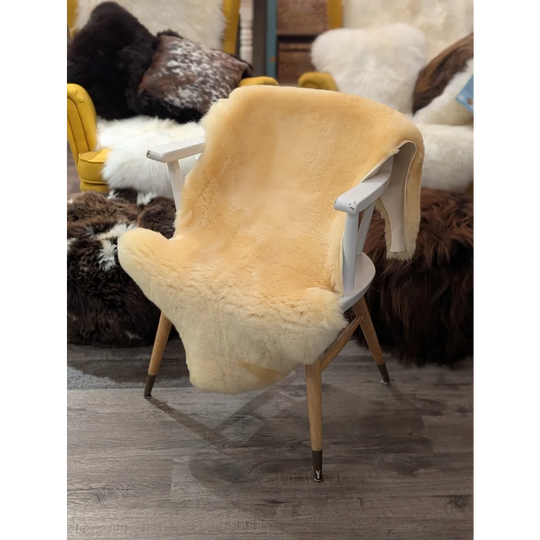 Cream-colored extra large medical sheepskin throw draped over white wooden chair by angus oliver