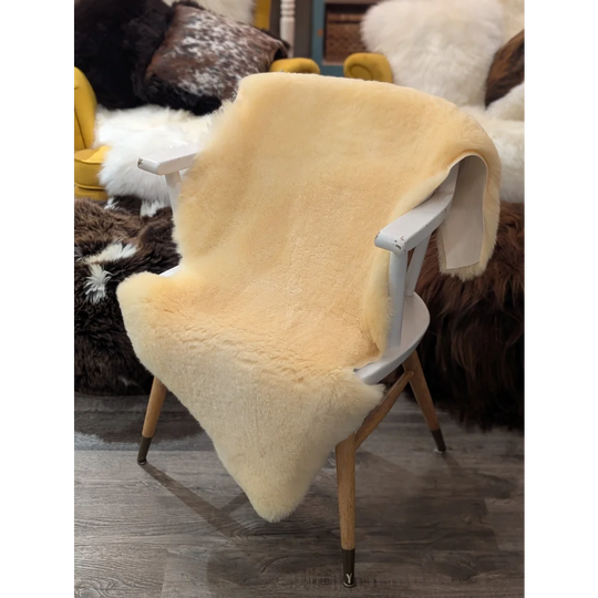 Cream-colored extra large medical sheepskin throw draped over white wooden chair by angus oliver