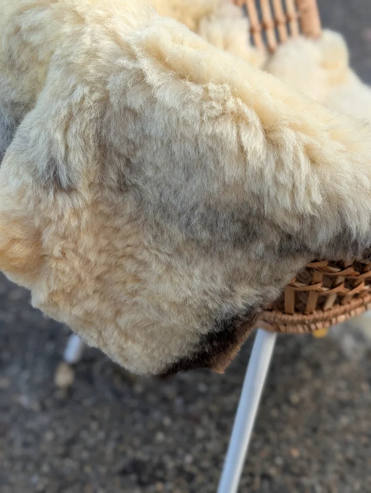 Creamy plush medical sheepskin blanket with soft natural fur texture naturally spotted draped over a basket
