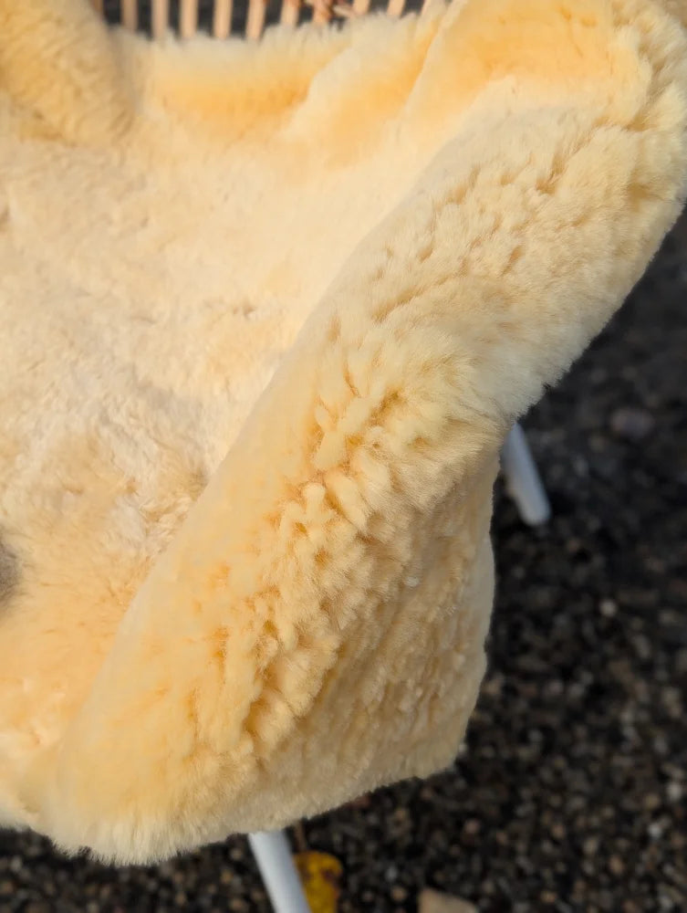 Cream-colored medical sheepskin chair cover with soft fluffy texture and natural fur edges naturally spotted design