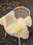 Cream-colored naturally spotted medical sheepskin throw draped over wicker chair washable 49 by 33 inches