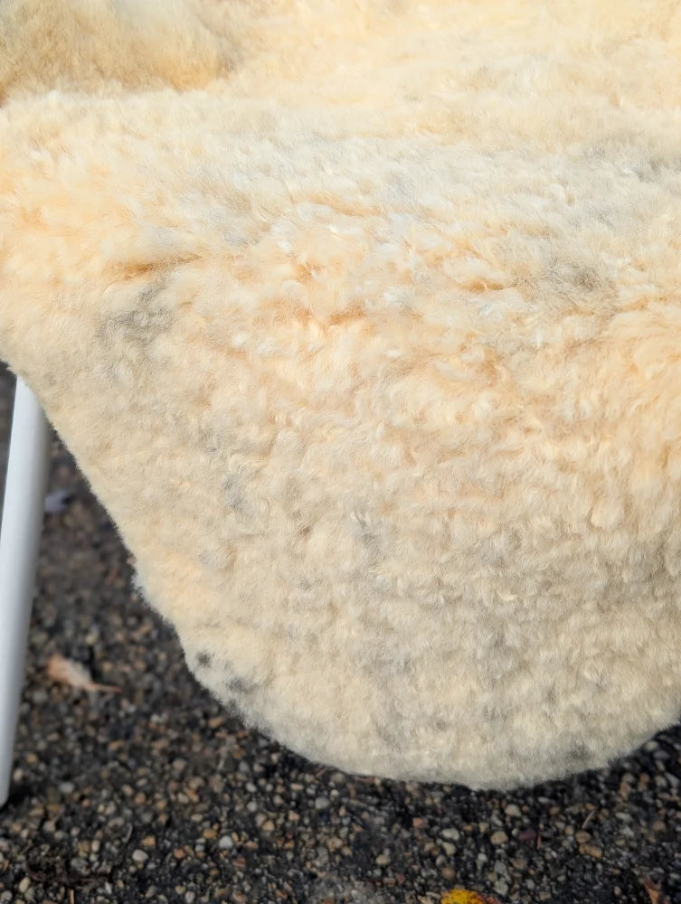 Cream-colored plush medical sheepskin blanket with soft curly texture naturally spotted washable 47 x 29 inches