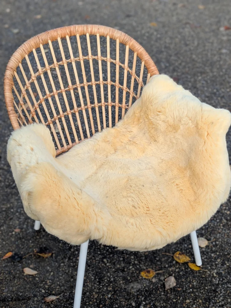 A cozy cream-colored washable medical sheepskin naturally spotted draped over a wicker armchair with white metal legs