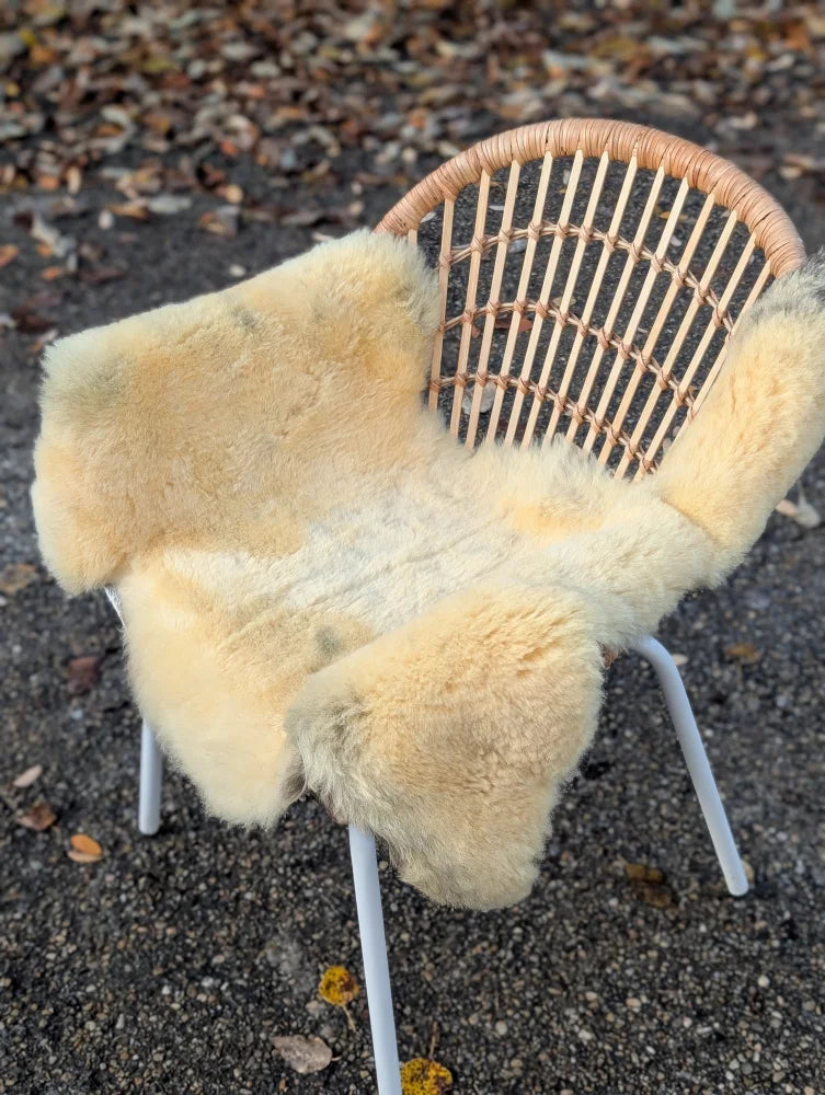 Cream-colored naturally spotted medical sheepskin rug draped over wicker chair with white metal legs washable med22 46.5x22