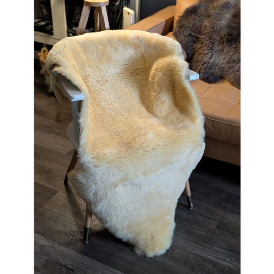 Cream-colored extra large medical sheepskin throw draped over white chair by angus oliver for cozy comfort