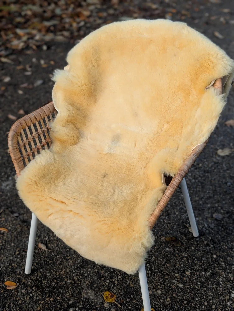 Cream-colored medical sheepskin naturally spotted washable rug draped over a wicker chair for comfort and support