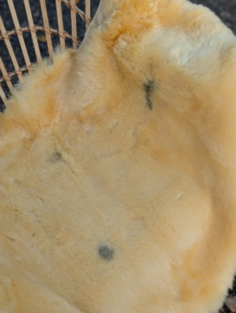 A soft pale yellow washable medical sheepskin rug with natural plush texture and subtle dark spots by angus oliver british sheepskins