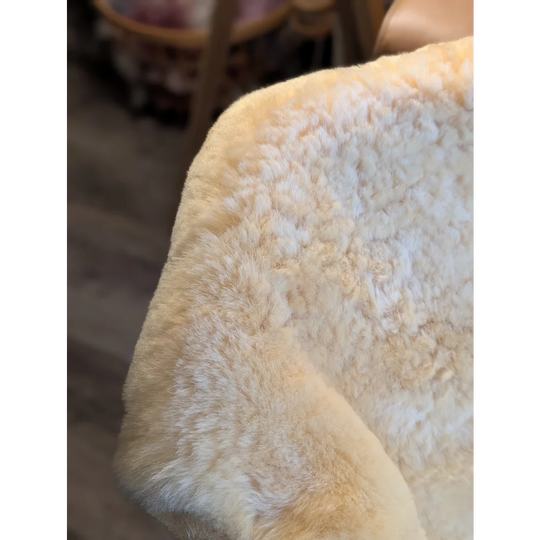 Cream-colored extra large medical sheepskin chair cushion with soft fluffy texture by angus oliver