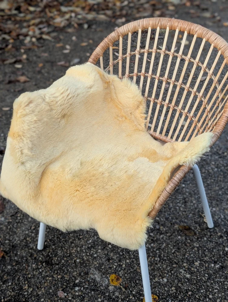 Cream-colored washable medical sheepskin rug draped over wicker chair by angus oliver medical sheepskins
