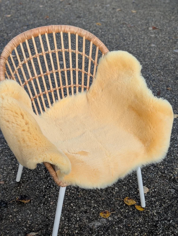 A cozy light beige washable medical sheepskin blanket draped over a wicker chair from angus oliver british sheepskins