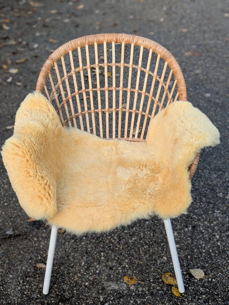 A cozy light beige washable medical sheepskin draped over a wicker chair by angus oliver british sheepskins